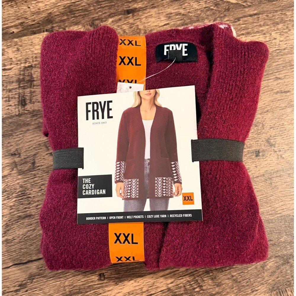 FRYE The Cozy Cardigan with Border Pattern Open Front Sweater Maroon Size XXL